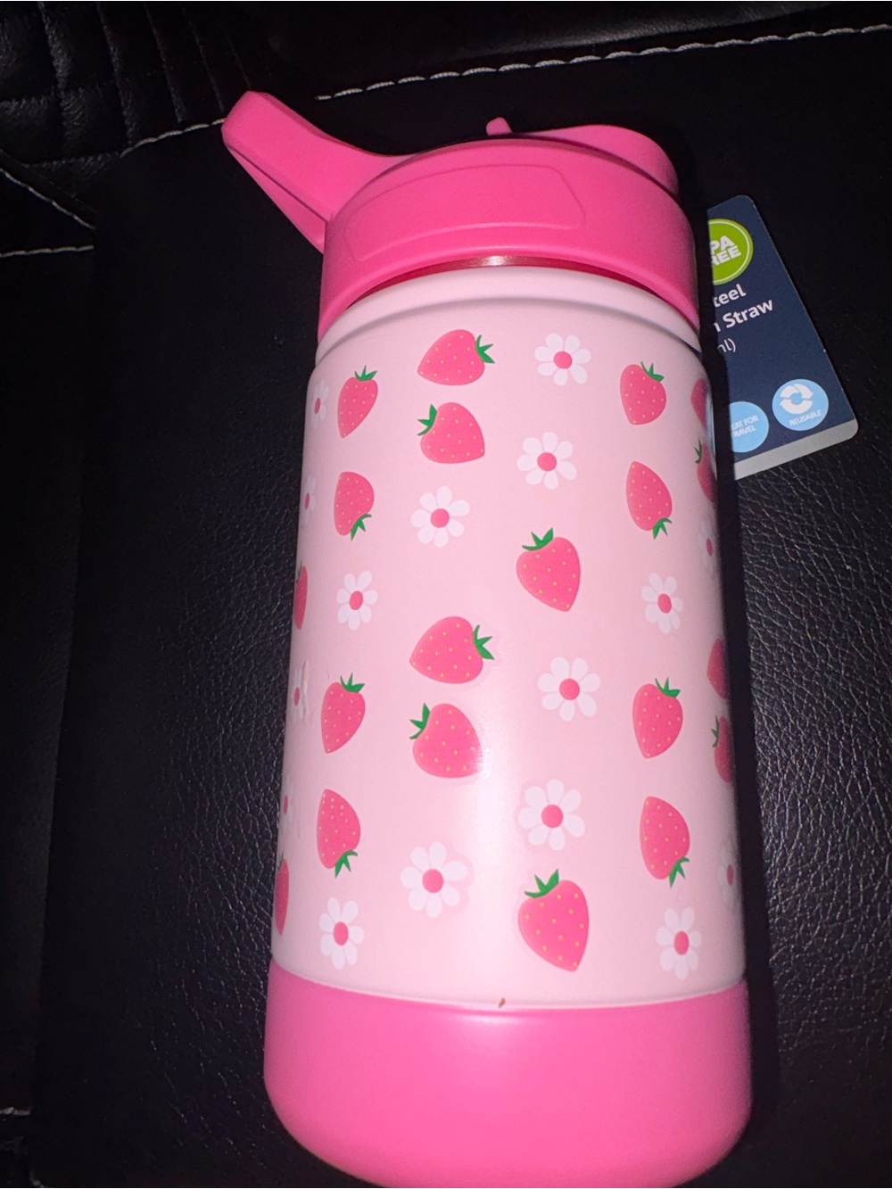 Pink Strawberry Kids Stainless Steel Water Bottle with Straw